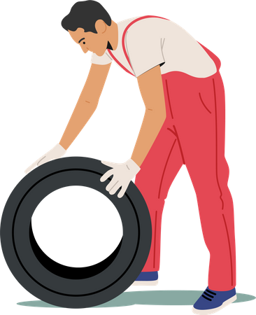 Service station employee changing tire Illustration
