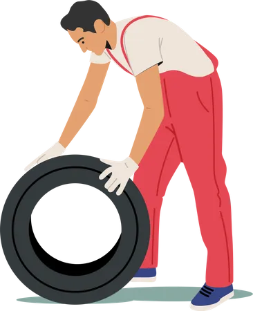 Man In Red Uniform Holding Tire For Mount Or Change Service Station Staff Auto Mechanic Character Diagnostics And Repair Auto Checking Maintenance And Fixing Cartoon People Vector Illustration Illustration