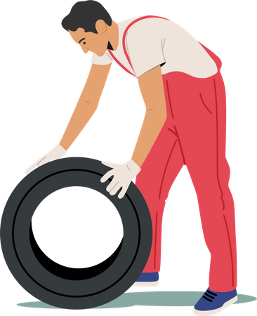 Service station employee changing tire  Illustration