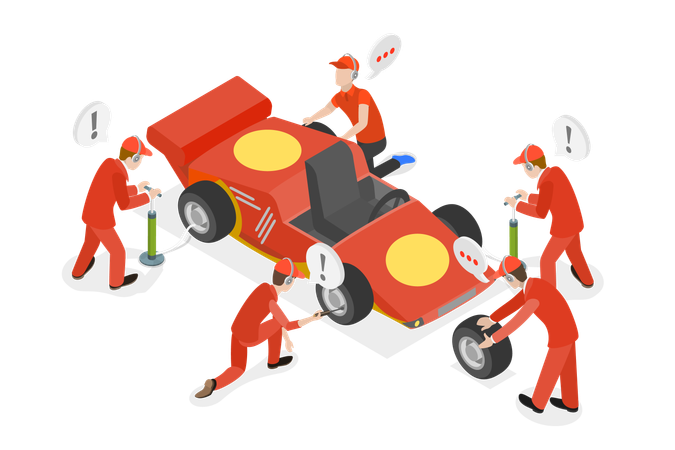 Serviceman doing maintenance work of racing car  Illustration