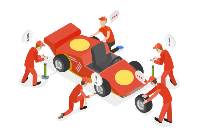 Serviceman doing maintenance work of racing car  Illustration