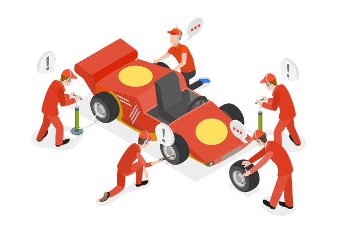 Serviceman doing maintenance work of racing car  일러스트레이션
