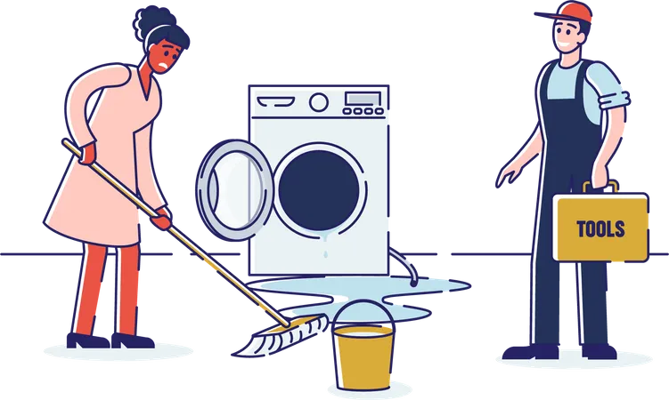 Concept Of Electric Appliances Service Bewildered Household Called Repairman To Fix Appliances Serviceman With Toolbox Is Repairing Washing Machine Cartoon Linear Outline Flat Vector Illustration Illustration