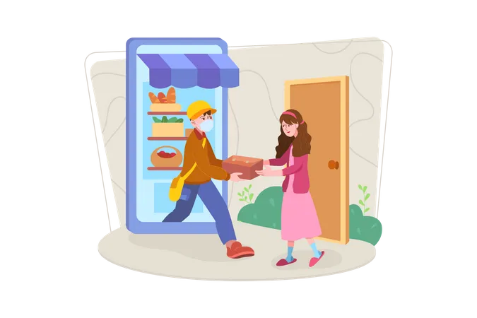 Servicio de entrega de comida puerta a puerta.  Ilustración