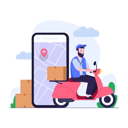 Servicio de entrega online mediante scooter.  Ilustración