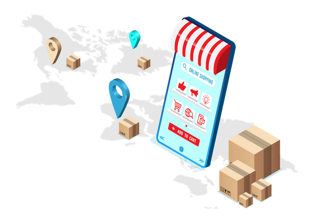 Servicio de entrega mundial mediante aplicación de compras en línea  Ilustración