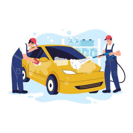 Servicio de lavado de autos con trabajadores que limpian autos amarillos  Ilustración
