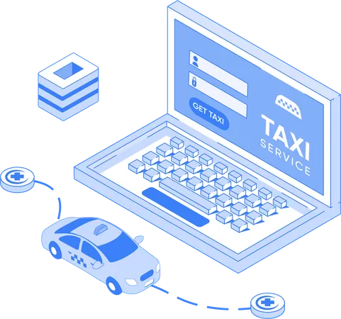 Servicio de taxi online y ruta de taxi.  Illustration