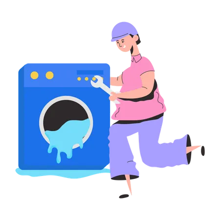 Técnico de servicio reparando lavadora  Ilustración