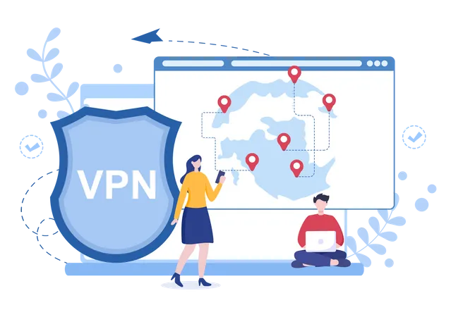 VPN O Servicio De Red Privada Virtual Ilustracion Vectorial De Dibujos Animados Para Proteger Ciberseguridad Y Proteger Sus Datos Personales En Telefonos Inteligentes O Computadoras Ilustración