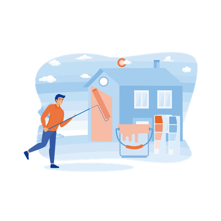 El hombre proporciona servicios profesionales de servicios de pintor.  Ilustración