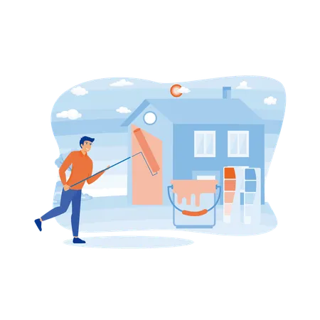 El hombre proporciona servicios profesionales de servicios de pintor.  Ilustración
