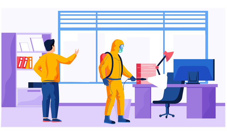 Serviço de controle de pragas fazendo desinfecção no escritório para matar vírus  Ilustração