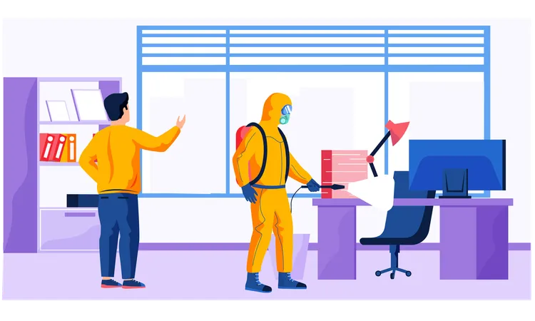 Serviço de controle de pragas fazendo desinfecção no escritório para matar vírus  Ilustração