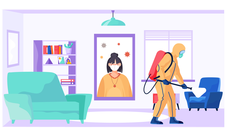 Serviço de controle de pragas fazendo desinfecção no escritório para matar vírus  Ilustração