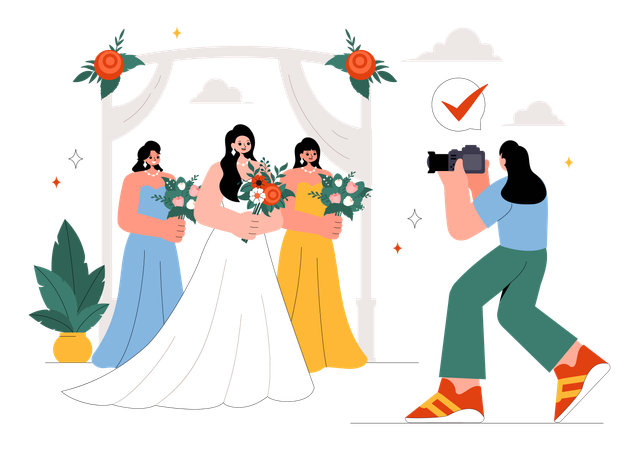 Posando para noivas em serviço de fotografia de casamento  Ilustração