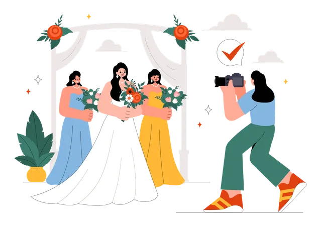 Posando para noivas em serviço de fotografia de casamento  Ilustração
