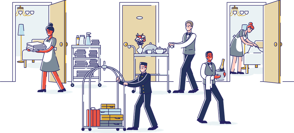 Serviço de quarto de hotel funcionando  Ilustração