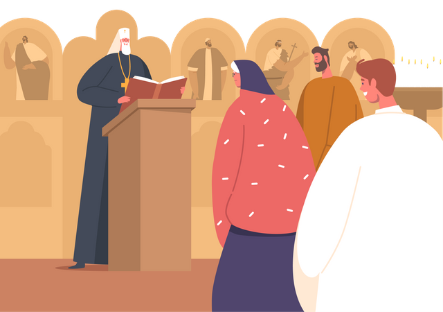 Serviço na igreja ortodoxa com padre  Ilustração