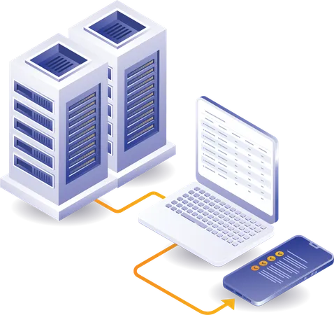 Servidor de datos de ordenador y teléfono inteligente  Ilustración