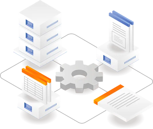 Red de base de datos de documentos de proceso de servidor en la nube  Ilustración