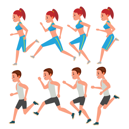 Vettore in esecuzione maschile e femminile. Set di fotogrammi di animazione. Carattere di fitness atleta sportivo. Corridore di maratona su strada. Vista laterale della donna. Abbigliamento sportivo. Coppia che fa jogging, allenamento. Illustrazione piatt  Illustration