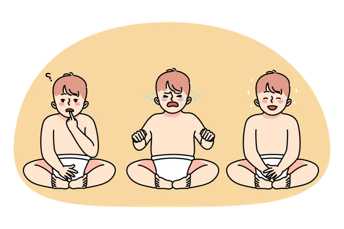 Set of baby in diaper with different emotions  Illustration