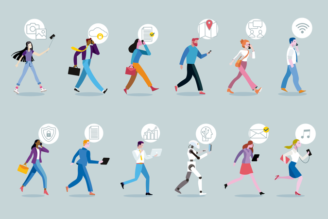 Set of business men and women walking while using their mobile devices  Illustration