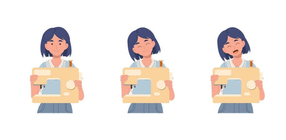 Set of girl with sewing machine  Illustration