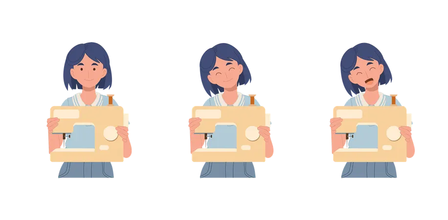Set of girl with sewing machine  Illustration