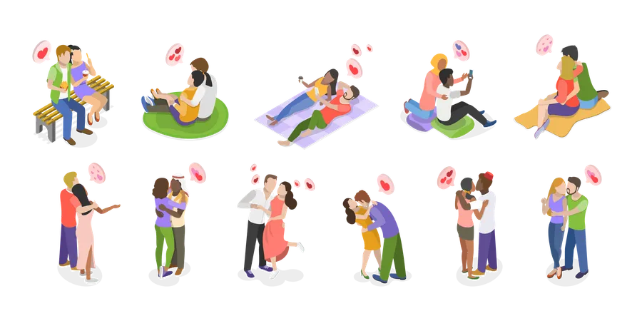 3 D Isometric Flat Vector Set Of Lovers Couples Adorable Romantic Scenes Illustration