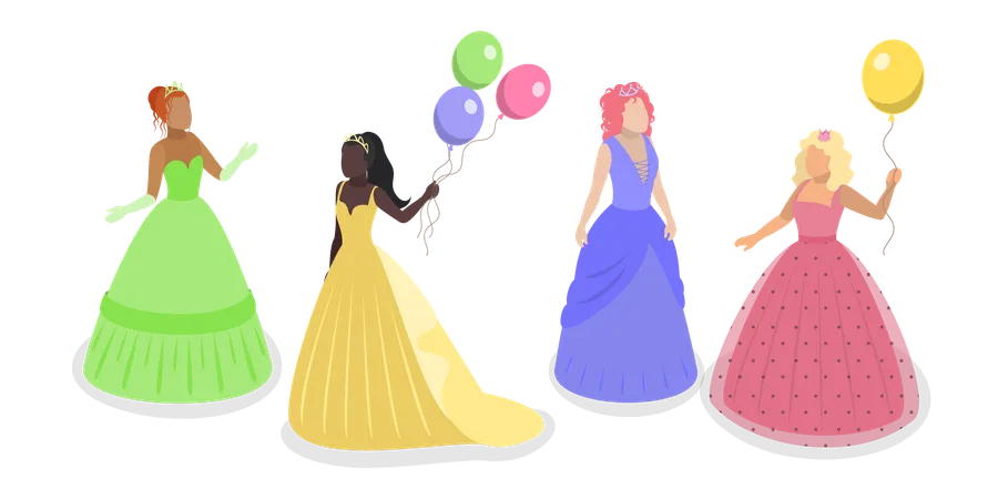 3 D Isometric Flat Vector Set Of Princess Characters Beautiful Girlish Dress Illustration