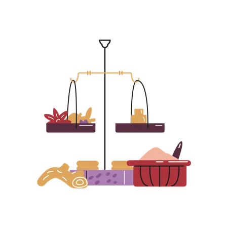 Set of spices ginger cardamom weighed on scale  Illustration