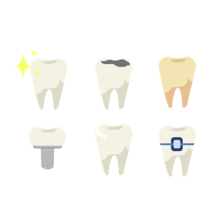 Set of teeth with different types of dental diseases  イラスト