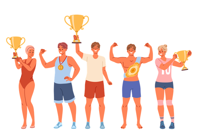 Several athletes with gold cups and medals  Illustration