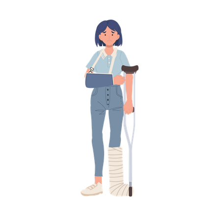 Severe Injury Treatment With Medical Brace For Leg And Arm Orthopedic Support For Injured Woman  Illustration