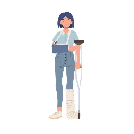 Severe Injury Treatment With Medical Brace For Leg And Arm Orthopedic Support For Injured Woman  Illustration