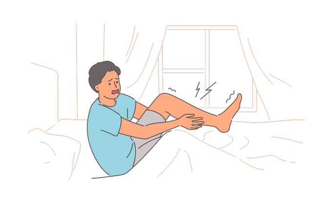 Severe pain or spasm in leg woke up man making suffering grimace as rose from bed  Illustration