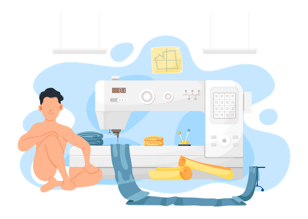 Sewing machine with piece of blue fabric  Illustration