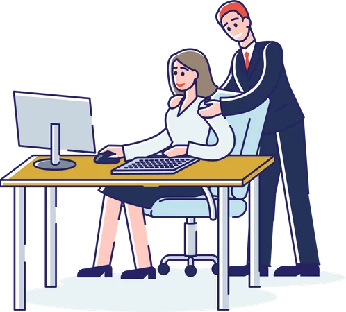 Man Harassing Female Business Worker At Workplace Sexual Harassment And Abuse At Office Boss Standing With Hand On Colleague Sexism Discrimination Concept Linear Vector Illustration Illustration
