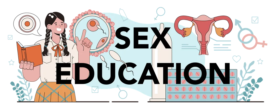 Sex Education Typographic Header Sexual Health Lesson For Young People Contraception Using Female And Male Reproduction System Flat Vector Illustration Illustration