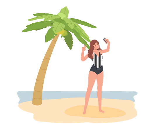 Sexy Frau am Strand macht Selfie mit Meereslandschaft per Smartphone  Illustration