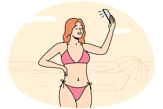 Sexy Frau im Bikini macht Selfie am Strand  Illustration