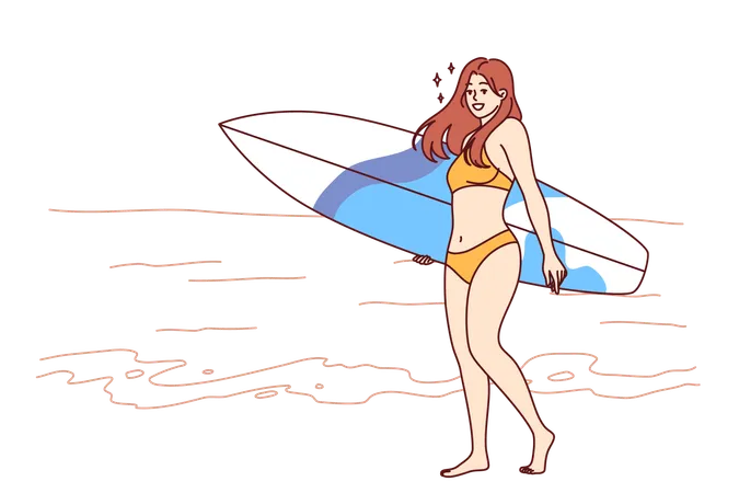 Woman Surfer Dressed In Bikini Walks Along Beach With Surfboard And Enjoys Summer Trip To Tropical Island Surfer Girl In Bathing Clothes Smiles Walking On Ocean And Calls To Go On Trips And Surf Illustration