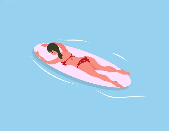 Sexy lady sleeping on surf board and enjoying surfing  Illustration