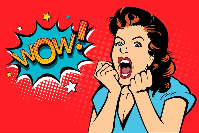 Sexy surprised blonde pop art woman with wide open eyes and mouth and rising hands screaming Illustration