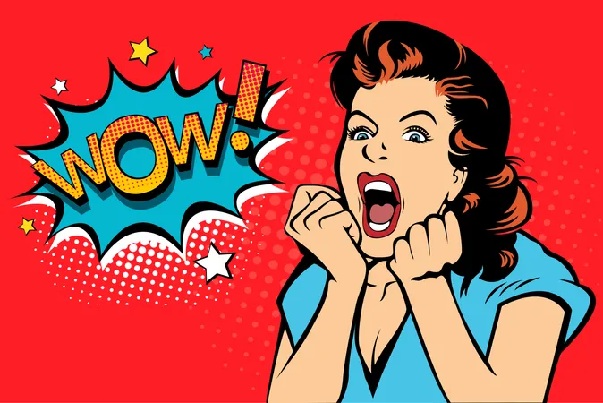 Sexy surprised blonde pop art woman with wide open eyes and mouth and rising hands screaming  Illustration