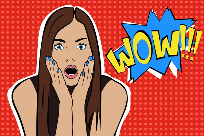 Sexy surprised young caucasian woman with open mouthing glasses and Wow speech bubble  Illustration