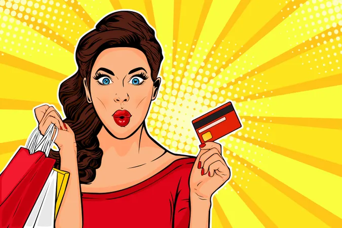 Sexy surprised young woman holding shopping bags and credit card Illustration