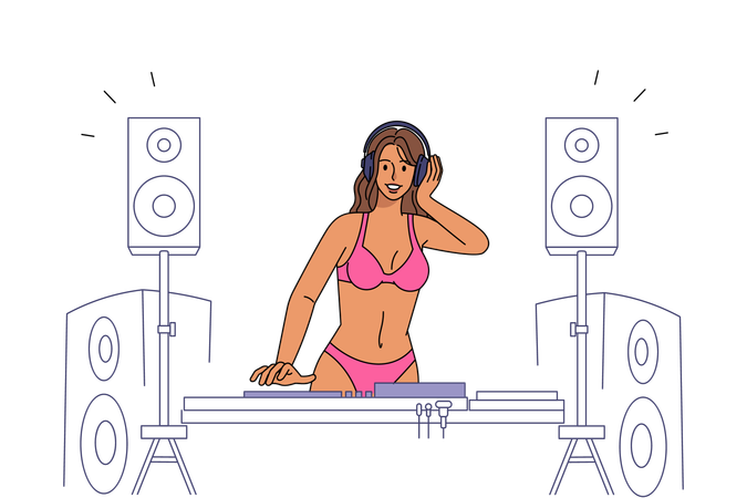 Sexy woman DJ in bikini play music  Illustration